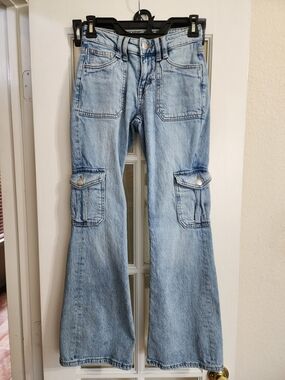 Aéropostale Mid Rise Flare Utility Cargo Jeans 000R Light Wash 1386